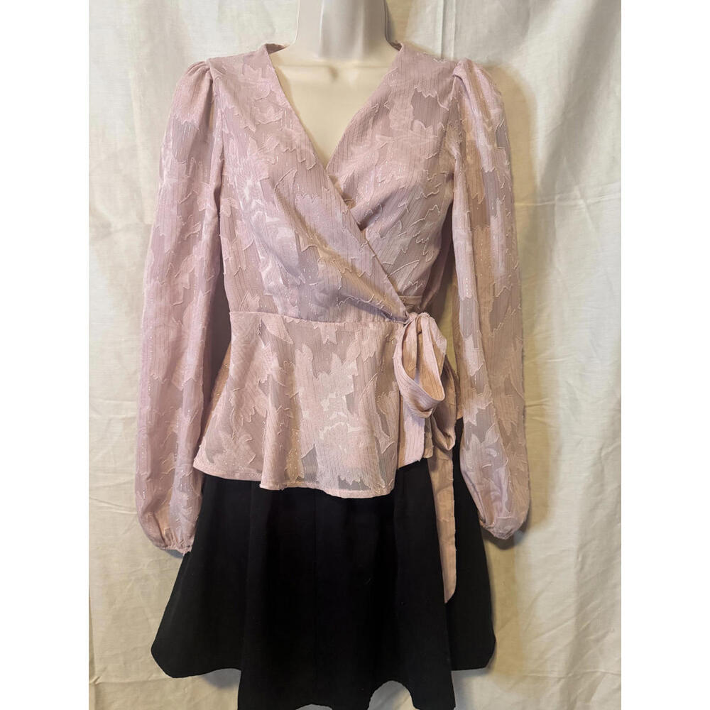 SHEIN‎ Pink Surplice Wrap Top - Textured Tie-Waist Blouse - Size Medium